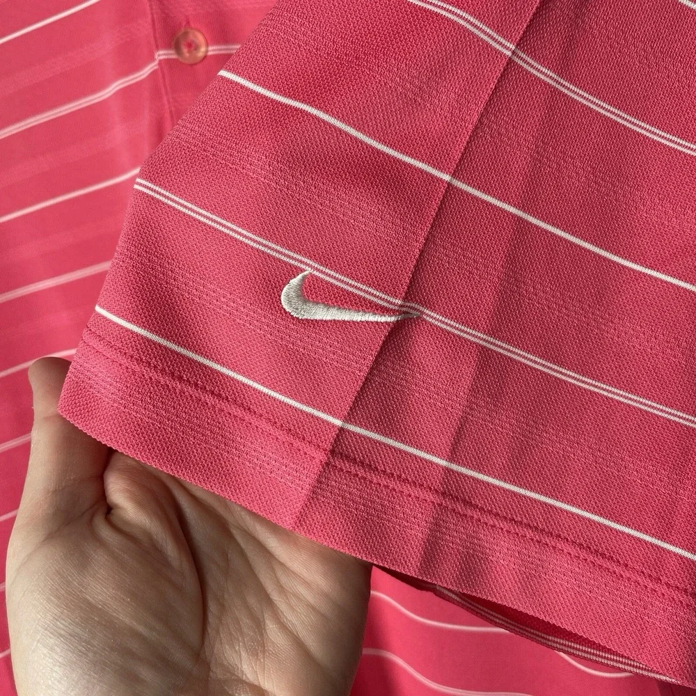 Nike‎ Golf Polo Large Dri Fit Performance Pink Striped Wicking Short Sleeve Mens